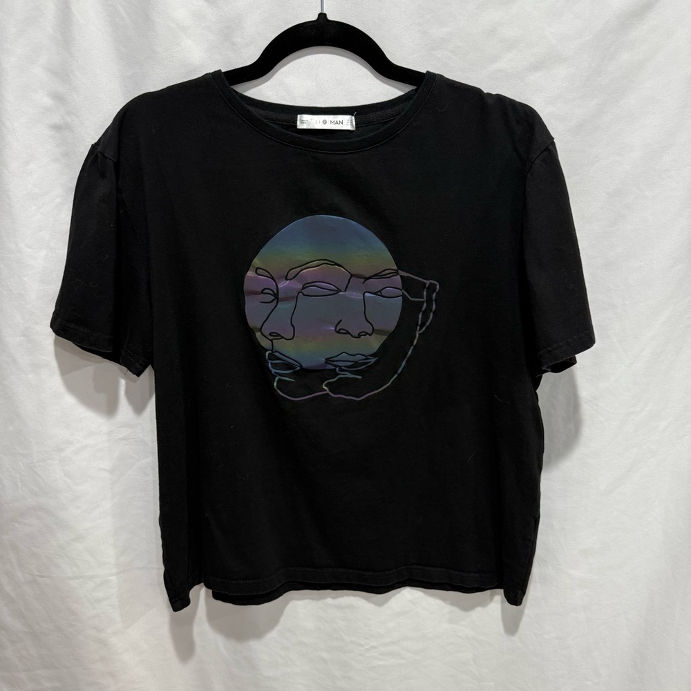 Zara Large Graphic Tee Abstract Face Print Streetwear Festival‎ Artsy Metallic